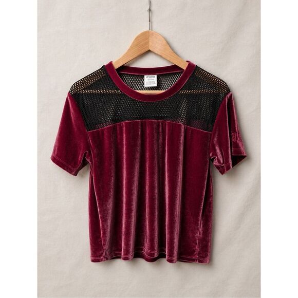PINK Victoria's Secret Tops - Victoria’s Secret PINK Velvet Mesh Yoke Short Sleeve Tee Burgundy Women’s S